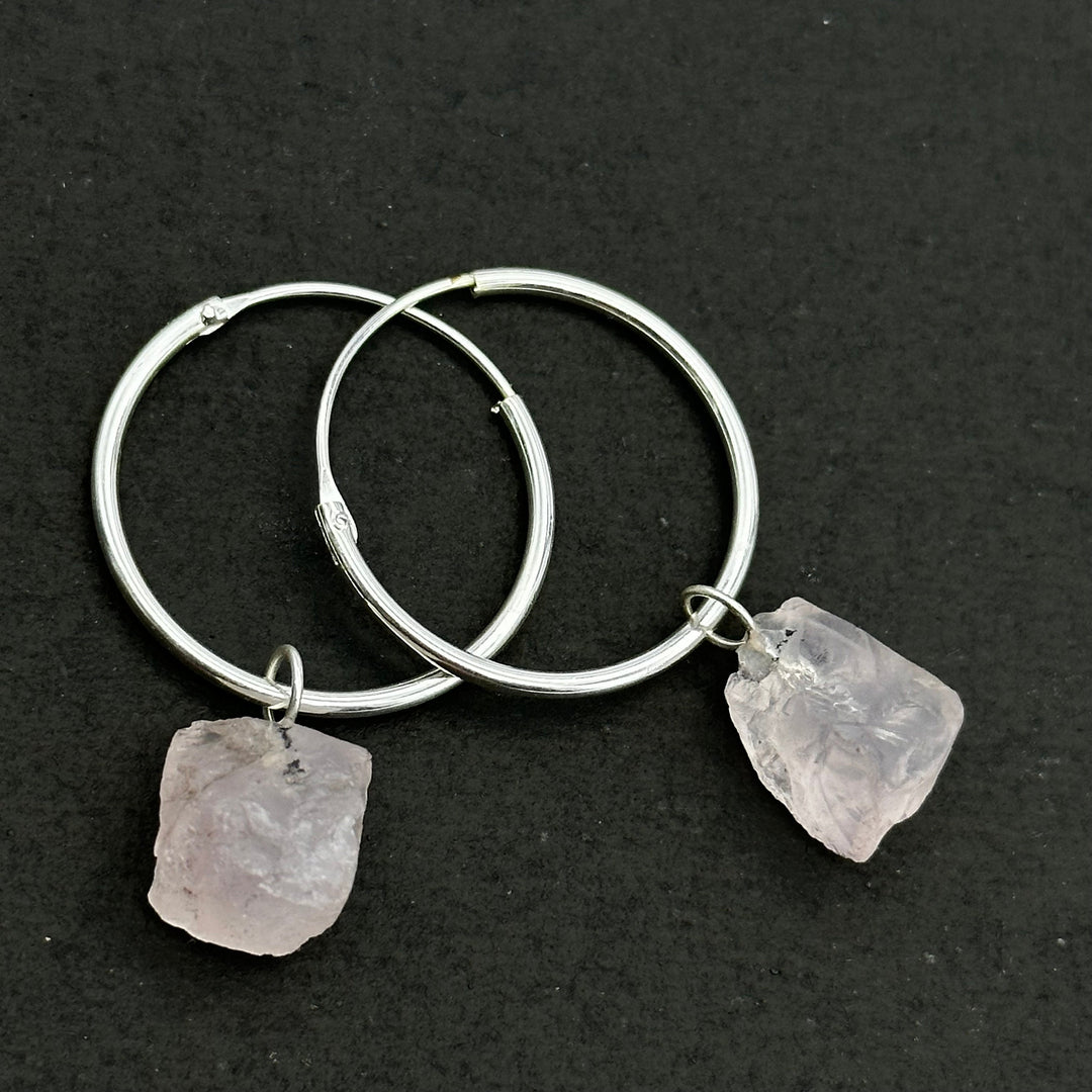 Natural Rough Rose Quartz Hoop Earings, Rose Quartz Dangle & Hoop Earrings For Girls, Gemstone Earrings, Large Hoop Earrings For Gift