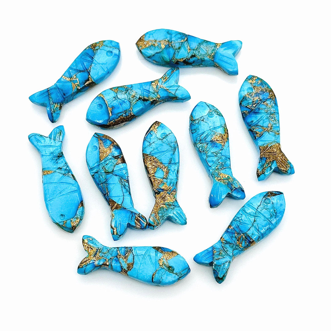 Carved Copper Turquoise Fish Charm: Blue Briolette Bead, 25mm
