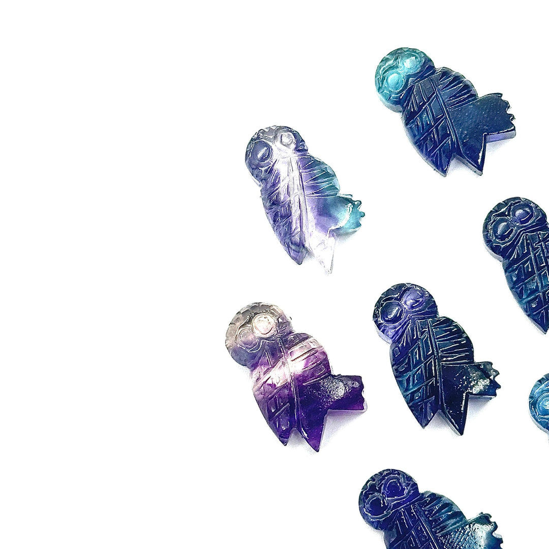 Carved Multi Fluorite Owl Shape Gemstones, Hand Carved Owl Shape Gemstone, Natural Fluorite Owl Shape Charms, 20 MM Bird Charm Carvings