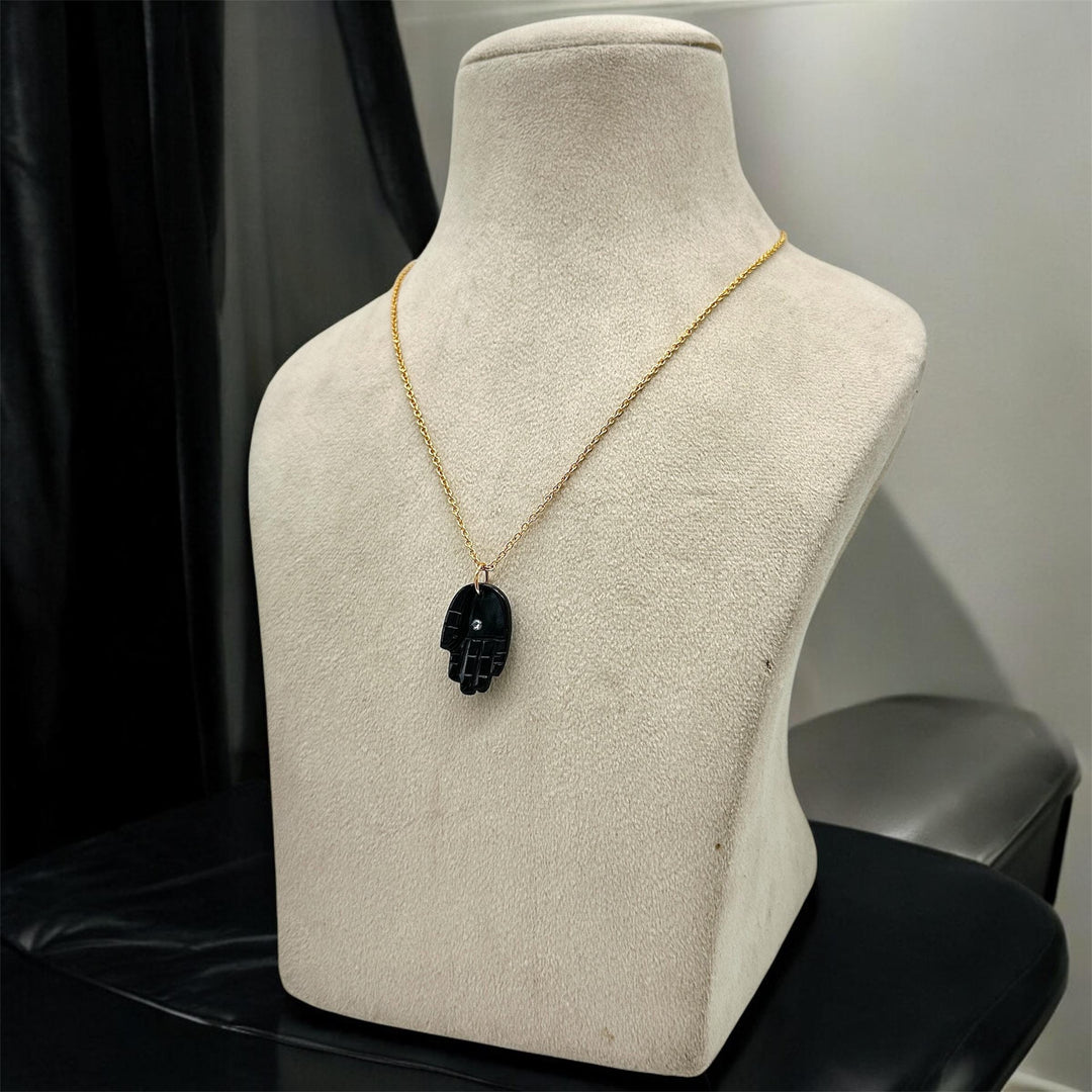 Genuine Black Onyx Hamsa Necklace, Gemstone Hamsa Necklace Gift For Her, Reiki Healing Jewelry, Black Charm Protection Necklace 25 MM Hamsa