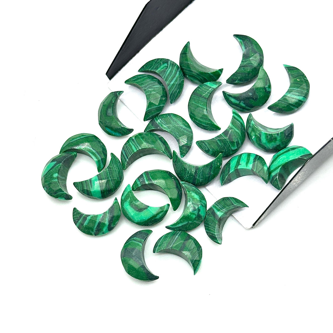 Carved Malachite Moon Beads: Faceted Green Gemstone Charms (12mm)