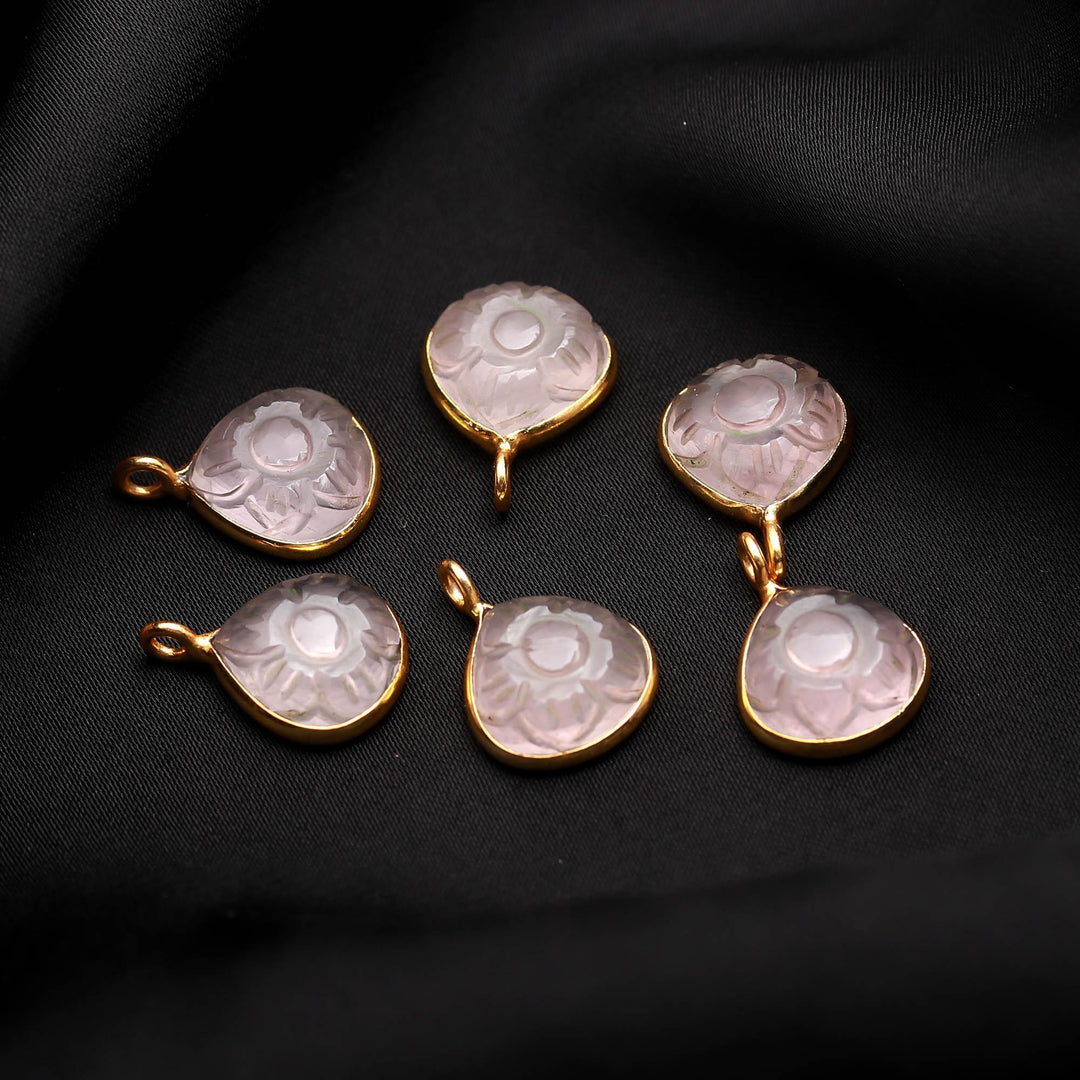 Natural Rose Quartz Flower Heart Shape pendant 17mm, 925 sterling  silver gold plated pendant