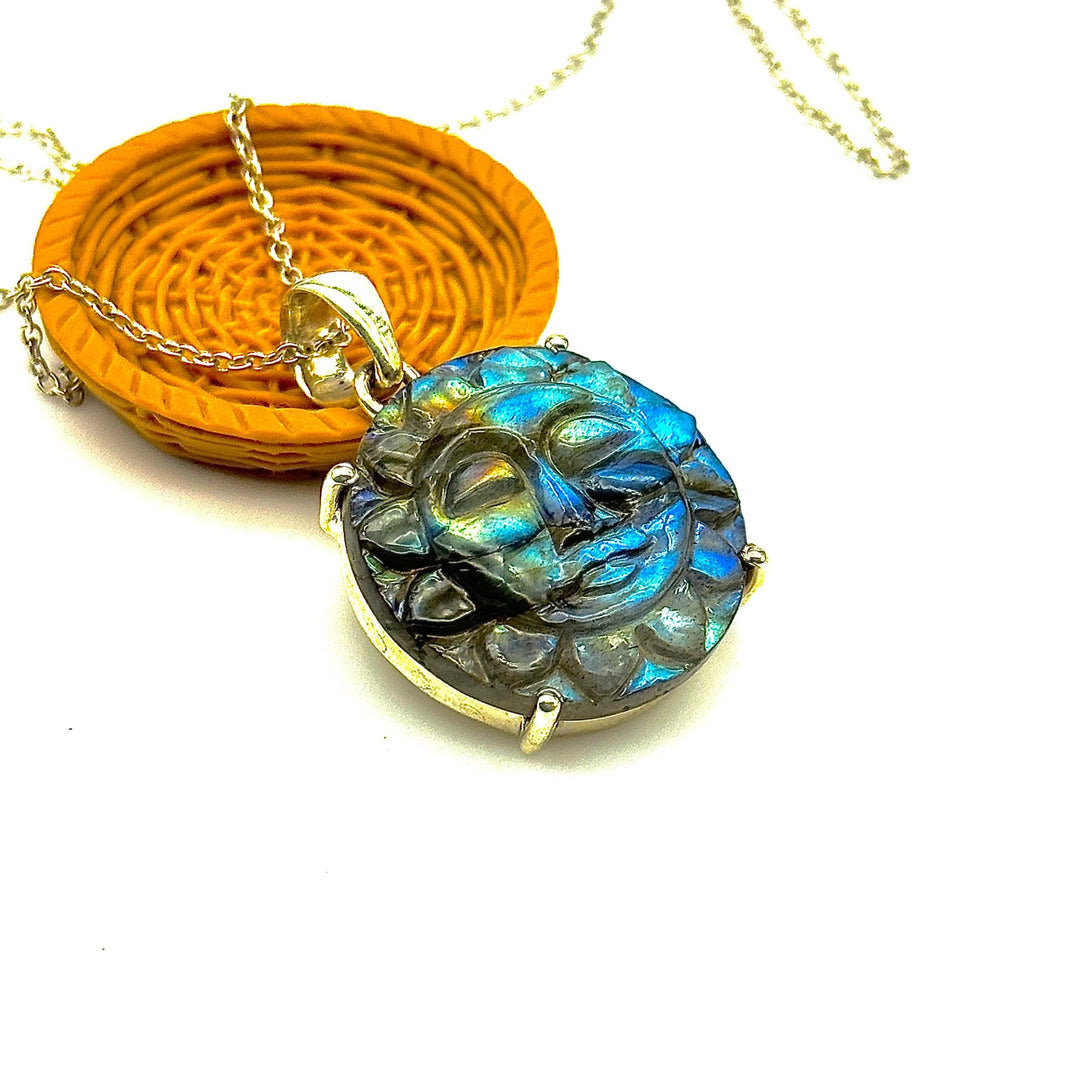 Carved Labradorite Sun Face Pendant: Boho Gemstone Necklace