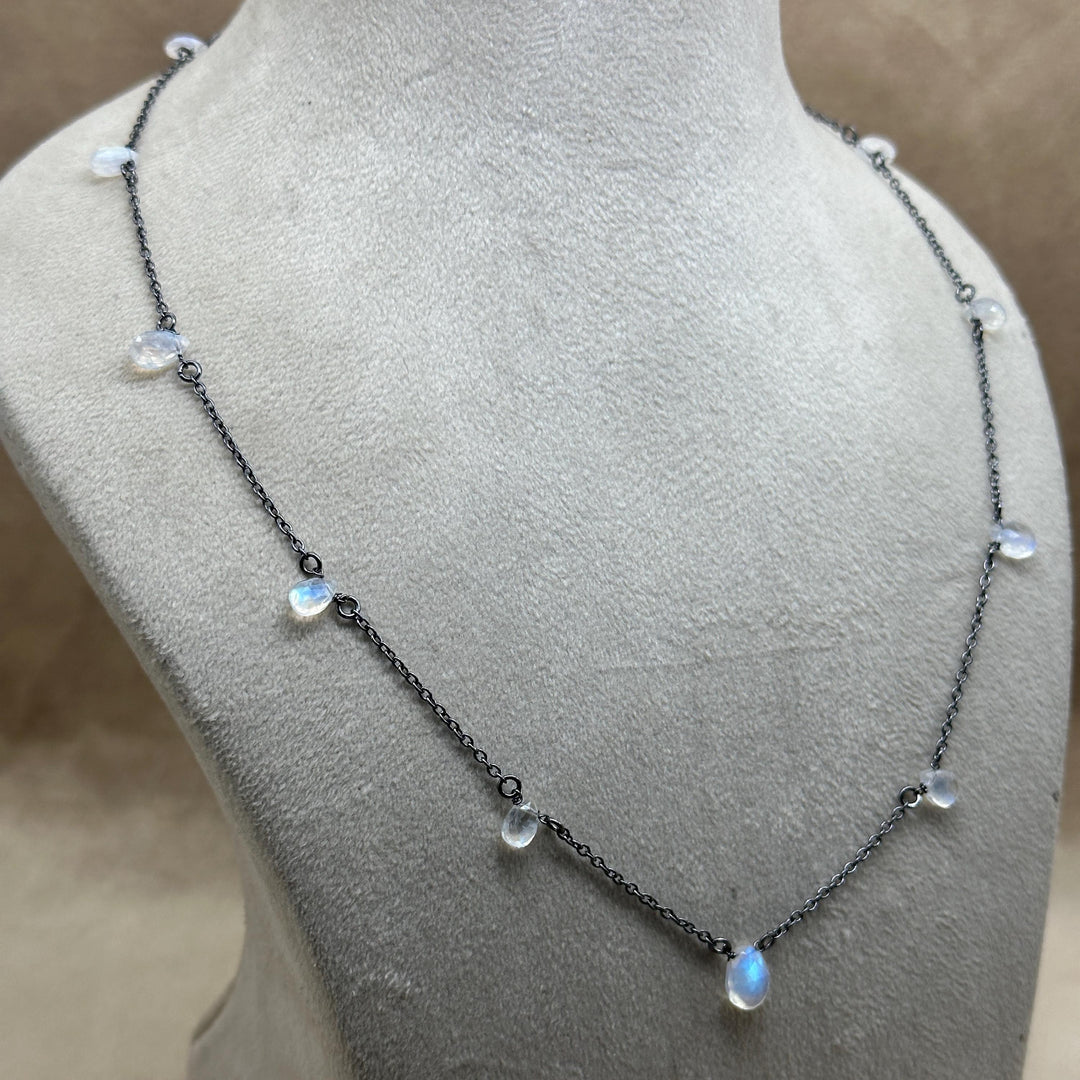 Pretty Rainbow Moonstone Pear Necklace, Blue Flashy Faceted Pear Chain Necklace, Black Rhodium Plating Necklace For Girls, Gift For Her