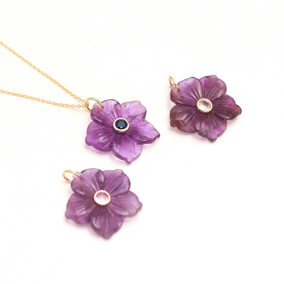 Amethyst Flower Gemstone Pendant, Natural Amethyst Healing Necklace, Crystal Carved Necklace Gifts, February Birthstone