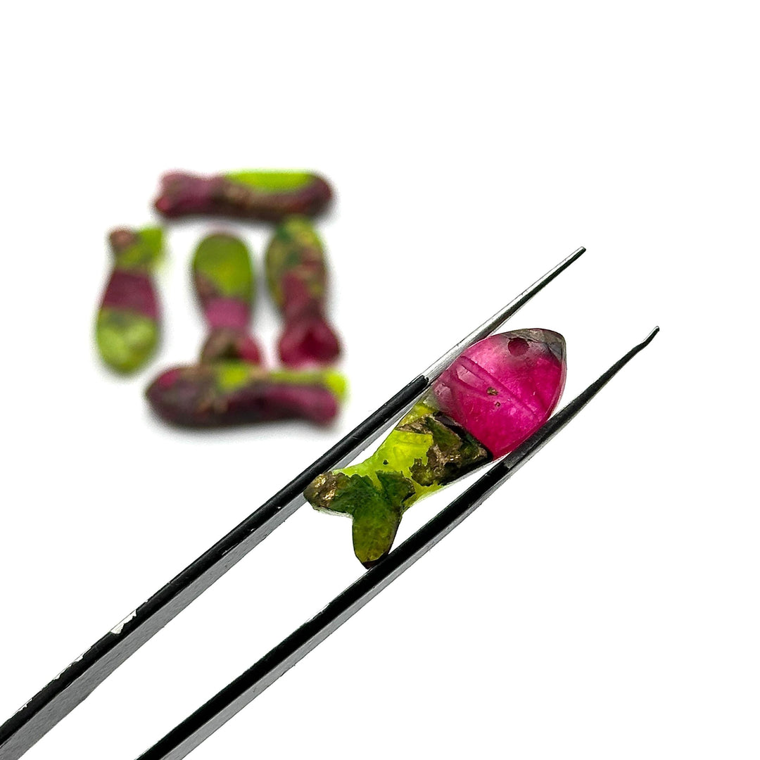 Carved Copper Turquoise Fish Charm: Neon Green & Hot Pink Briolette (25mm
