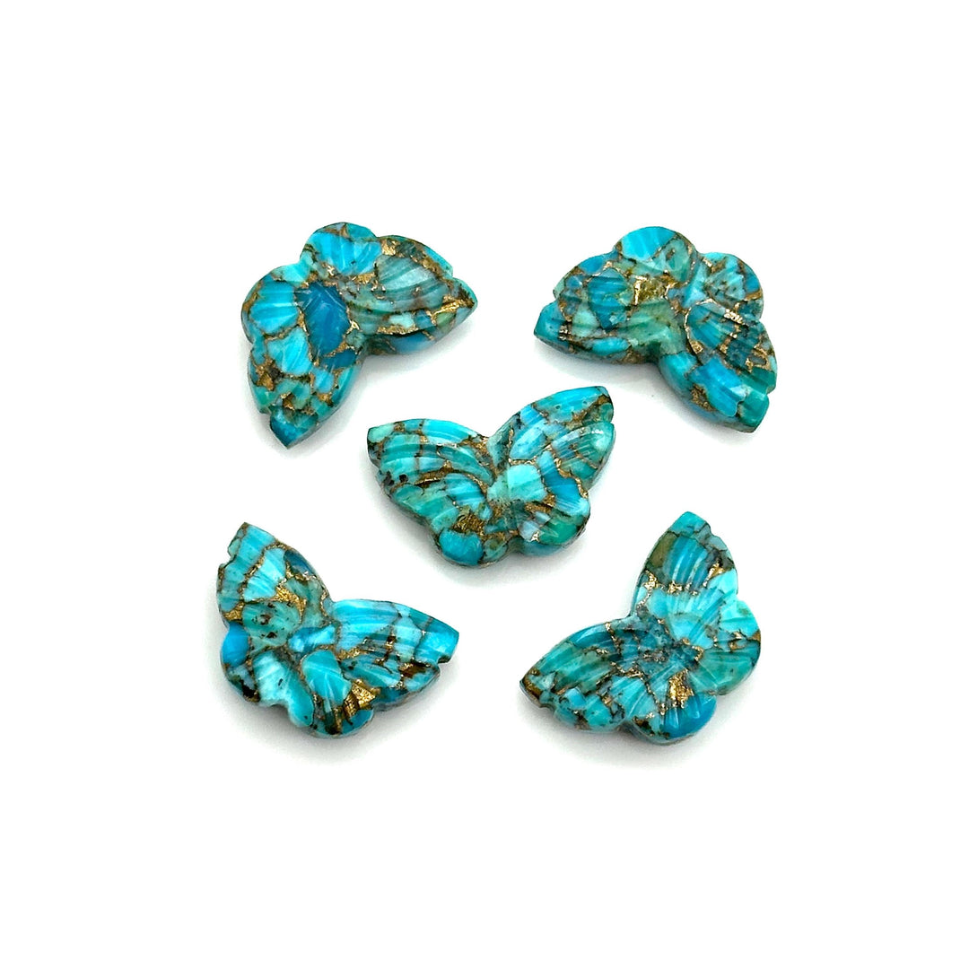 Carved Copper Turquoise Butterfly Charms: Handmade Gemstone Briolettes, 18mm