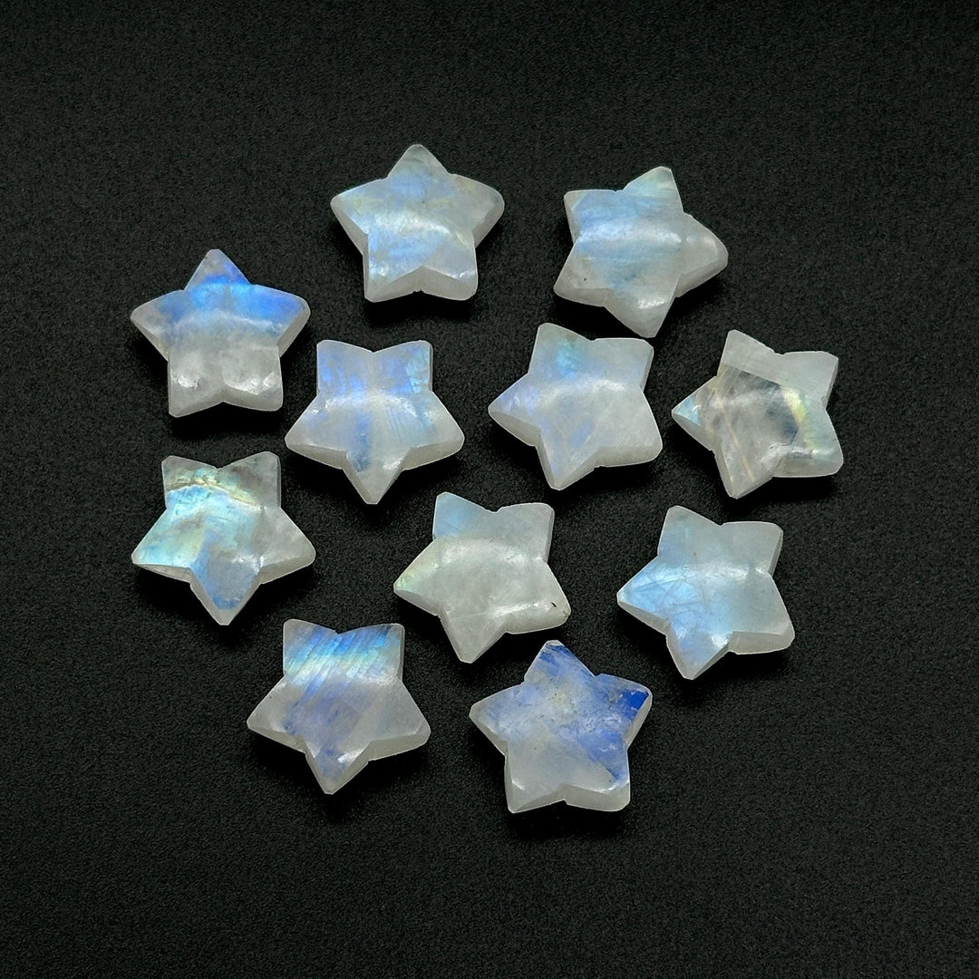 Smooth Rainbow Moonstone Star Beads, Flashy Moonstone Celestial Gemstone Charms, Jewelry Making Hand Carved Gemstones, 15mm