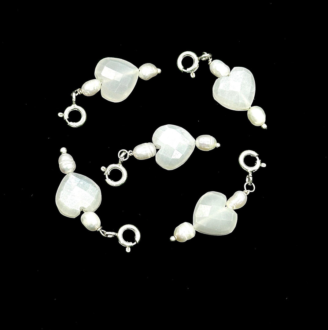 Natural White Moonstone and Pearl Charms, White Moonstone Heart Silver Charms, Gemstone Beads, Craft Making, 925 Silver Charms Wholesale
