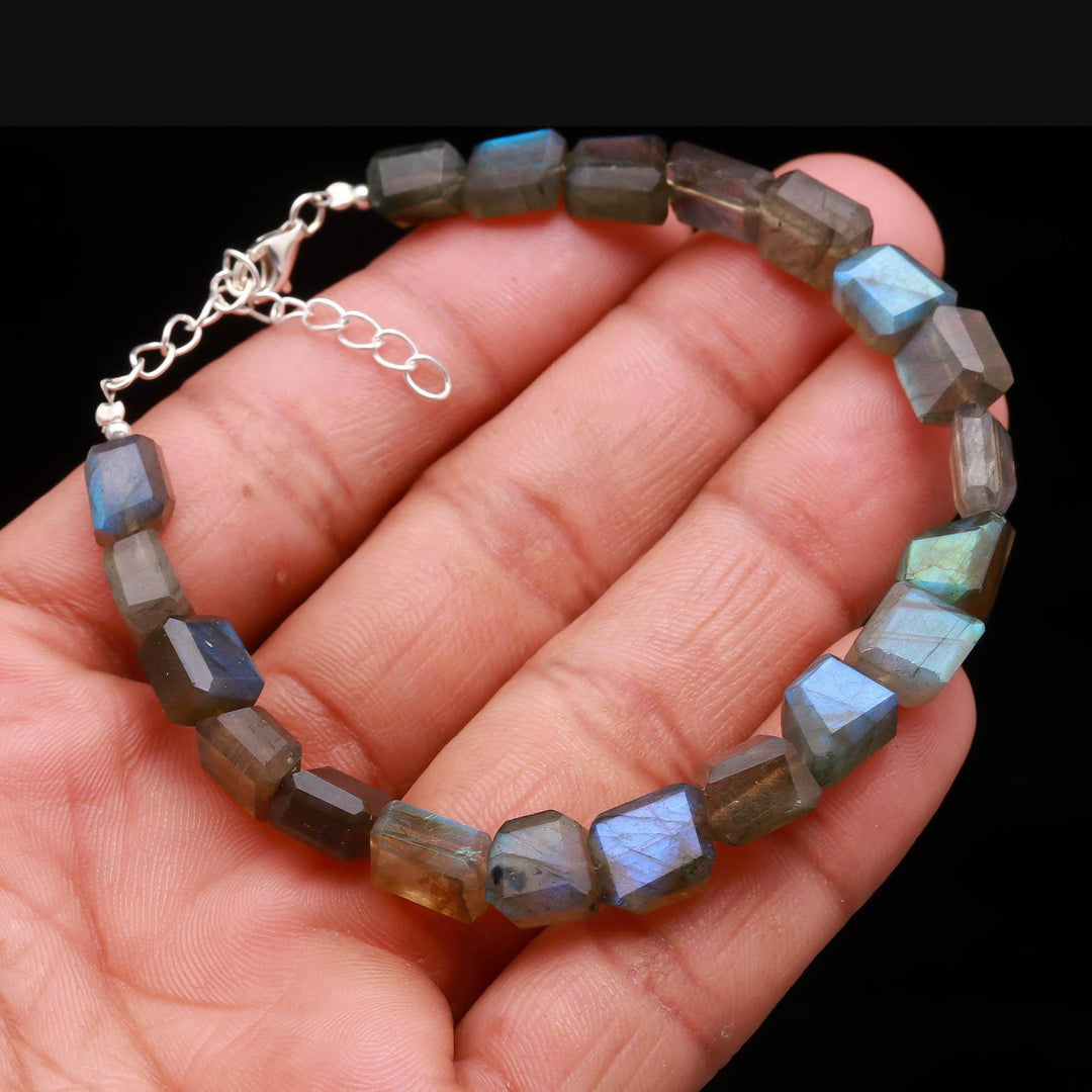 Labradorite Tumble Beads Bracelet, Flashy Labradorite Faceted Nuggets Shape Beads Bracelet, Healing Gemstone Jewelry, Gift for Girls, 8 MM