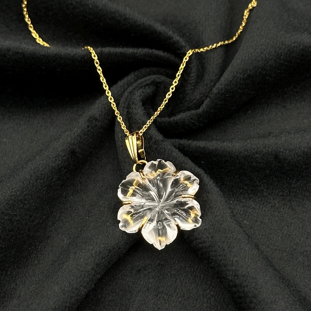 Amazing Carved Natural Crystal Flower Pendant, Goddess Energy Crystal Necklace For Her, 19 mm Crystal Quartz Flower, Birthday Gift For Women