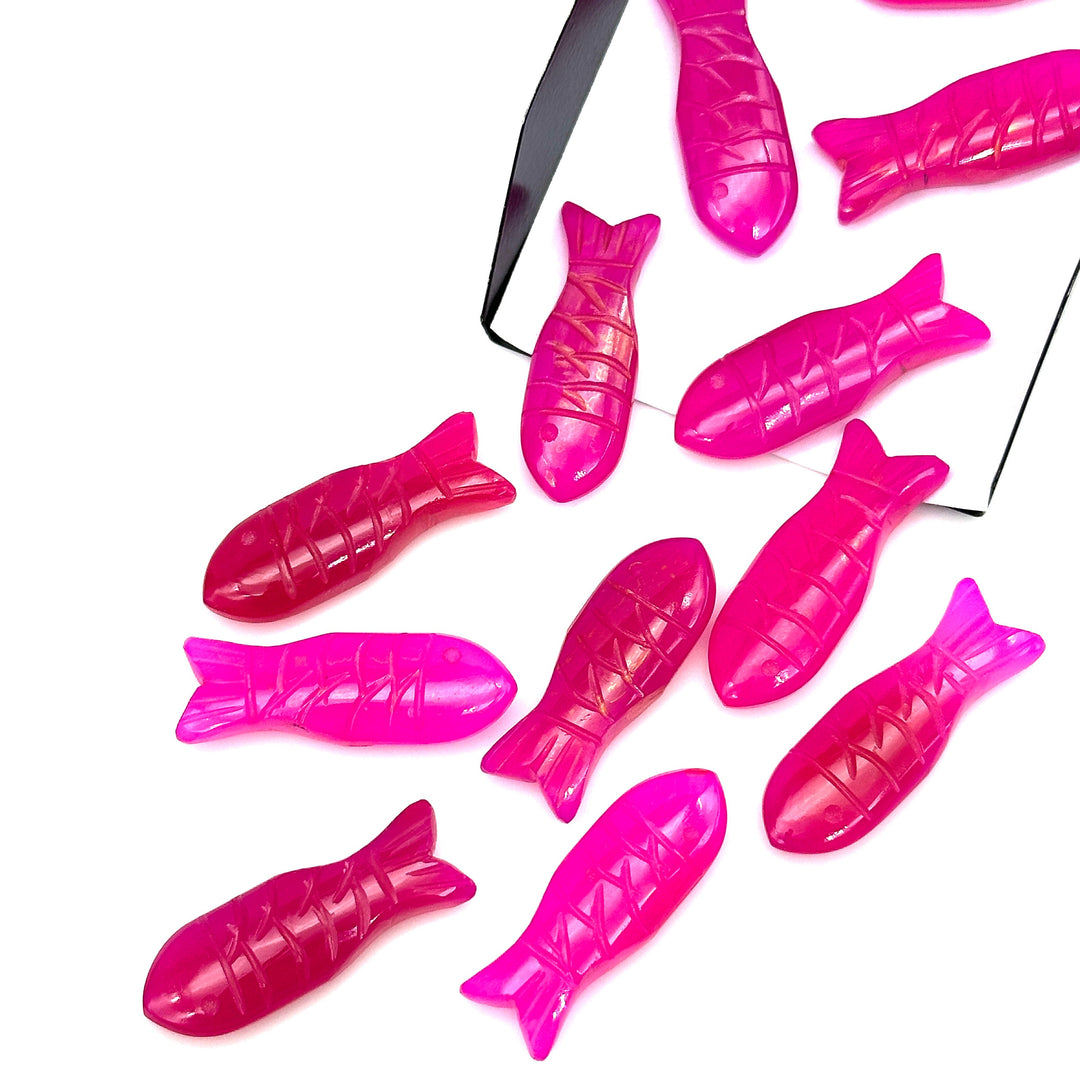 Dazzling Hot Pink Chalcedony Fish Carving Beads, Handmade Fish Shape Carved Gemstone, Jewelry Making Gemstones, 30X10 MM Loose Gemstone Fish