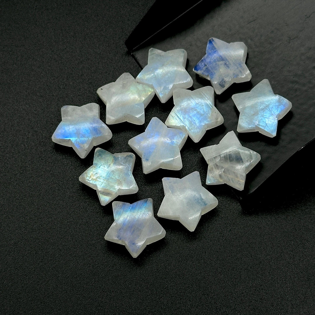 Smooth Rainbow Moonstone Star Beads, Flashy Moonstone Celestial Gemstone Charms, Jewelry Making Hand Carved Gemstones, 15mm