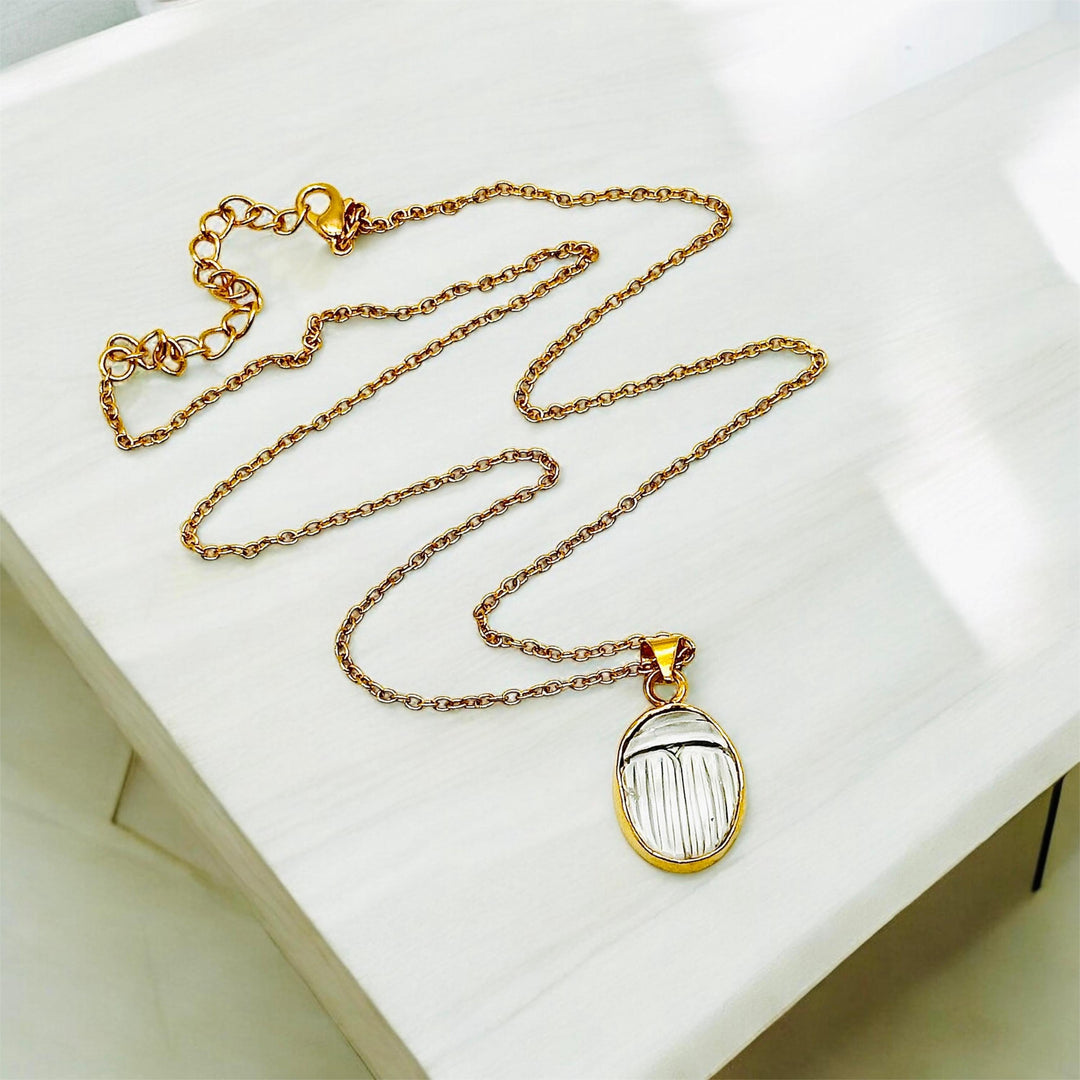 Dainty Crystal Quartz Carved Scarab Necklace, Natural Crystal Quartz Gemstone Necklace, Sterling Silver Necklace, 16 MM Scarab, Gift For Her