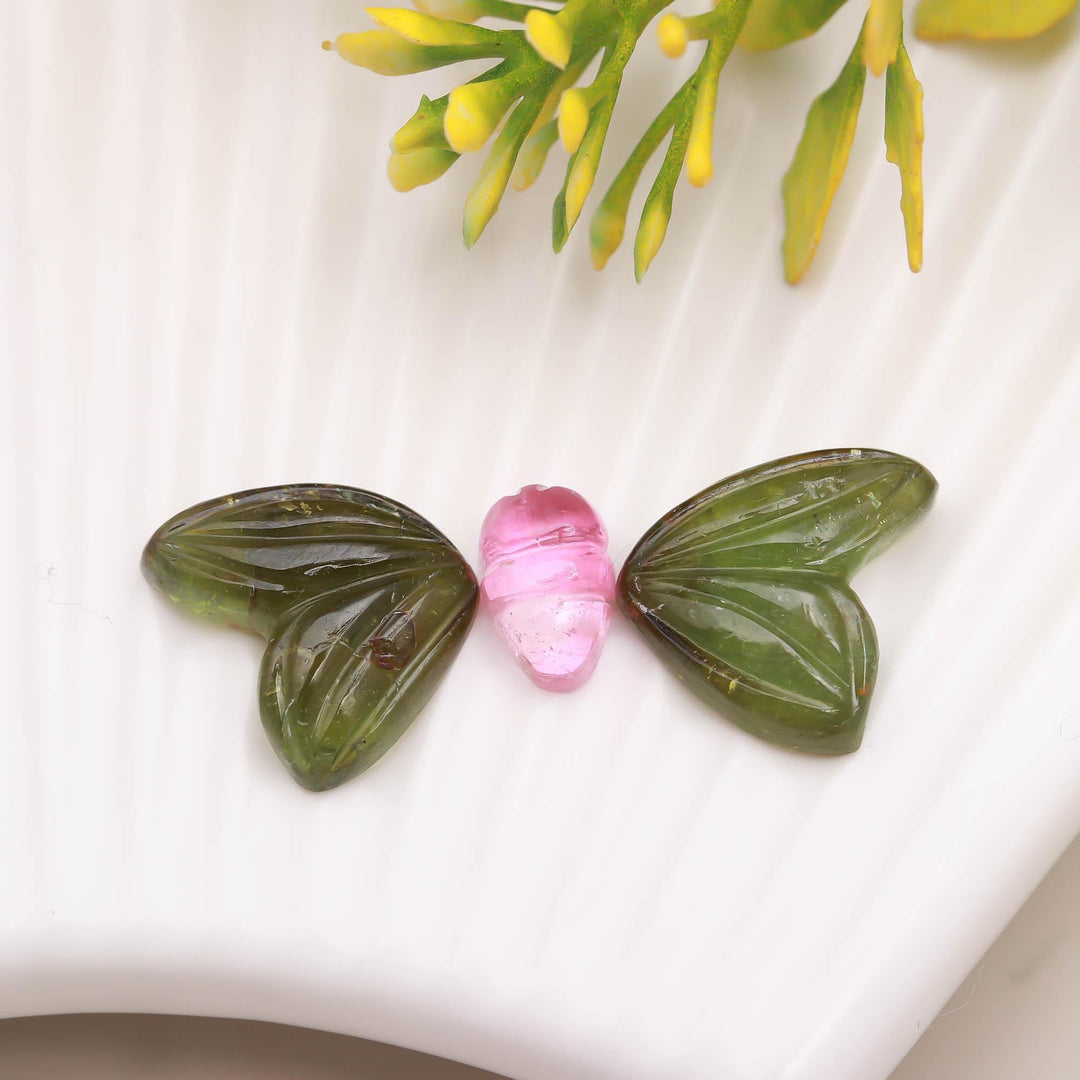 Carved Tourmaline Butterfly Stone: Green & Pink Healing Crystal (15-10 MM, 3 Stones)