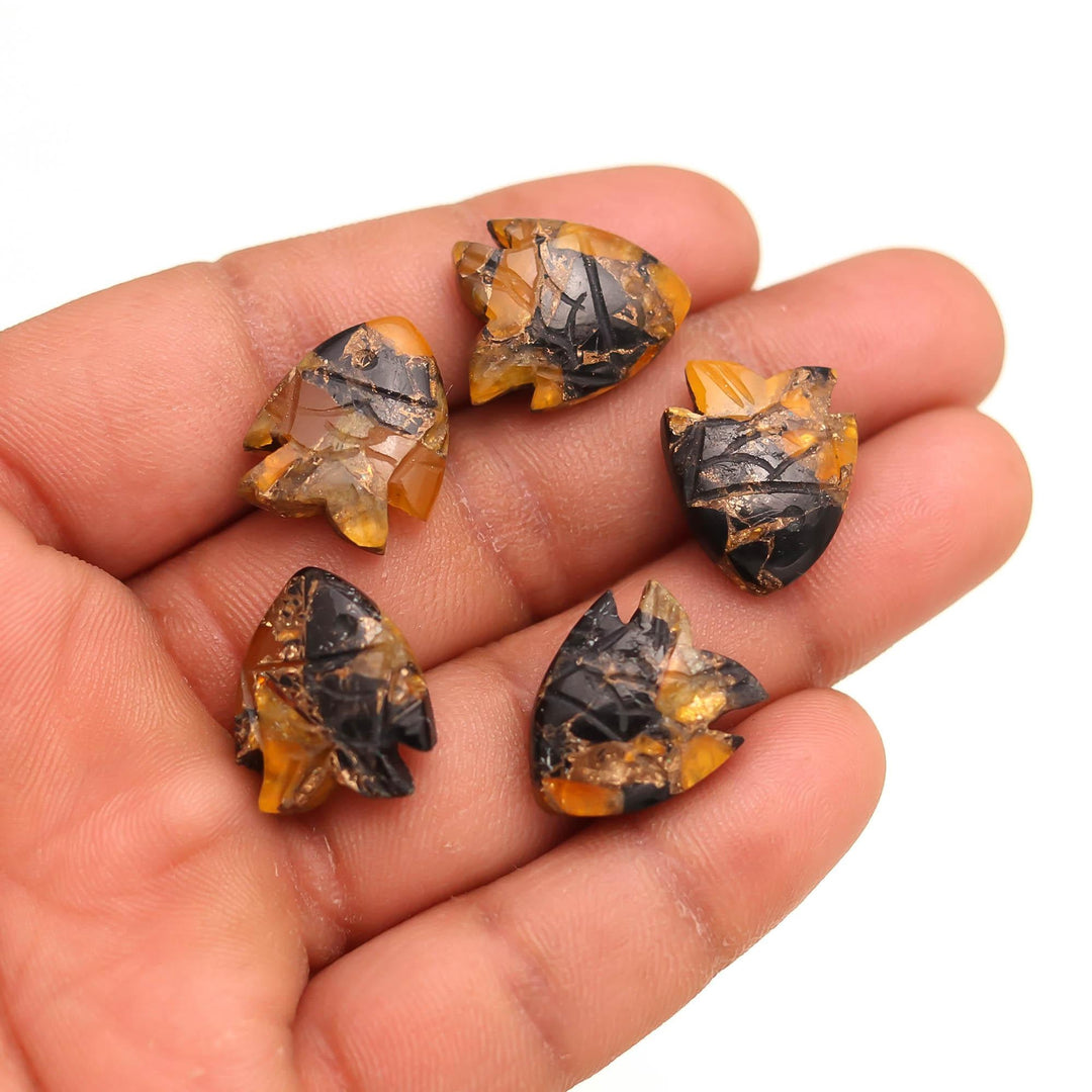 Yellow & Black Copper Turquoise Fish Shape Beads ~ Carved Mohave Turquoise Fish Gemstone Charms ~ Jewelry Making Loose Beads, 15X18 MM