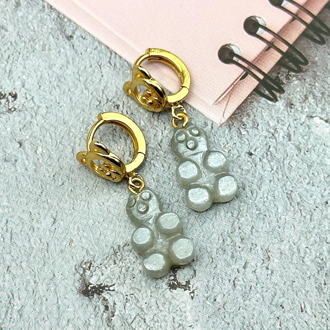 Gummy Bear Earrings, Grey Moonstone Carved Teddy Bear Earrings For Girls, Bridesmaid Gift, Anniversary Gift For Her, Handmade Jewelry