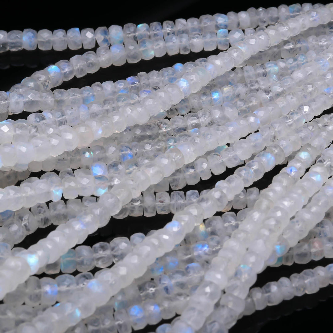 Rainbow Moonstone Faceted Rondelle Beads, Flashy White Gemstone, 4" Strand