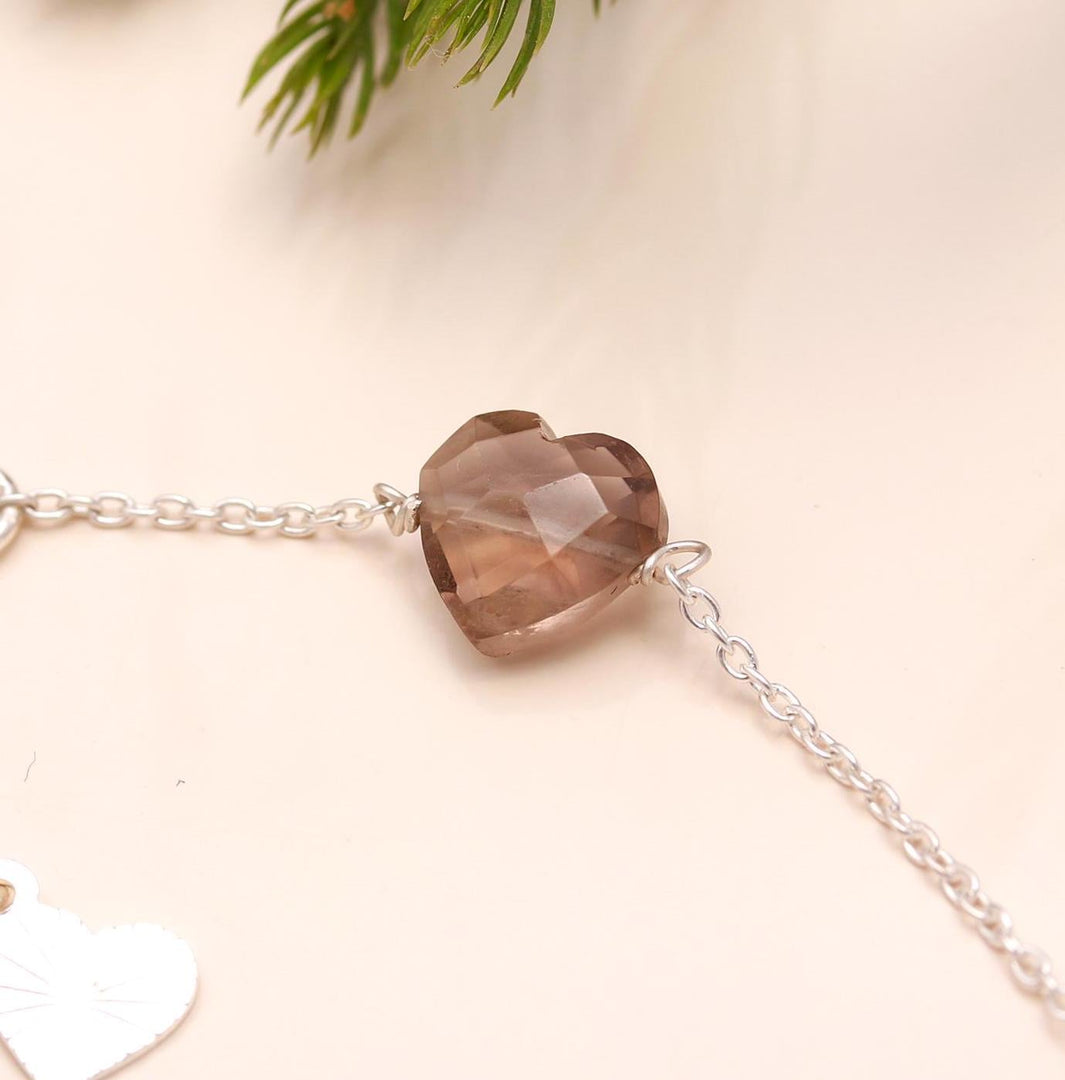 Natural Smokey Quartz Heart Shape Beads Bracelet, Brown Quartz Heart Beads Bracelet, Girl's Gift Chain Bracelet, 925 Silver Gift for Her