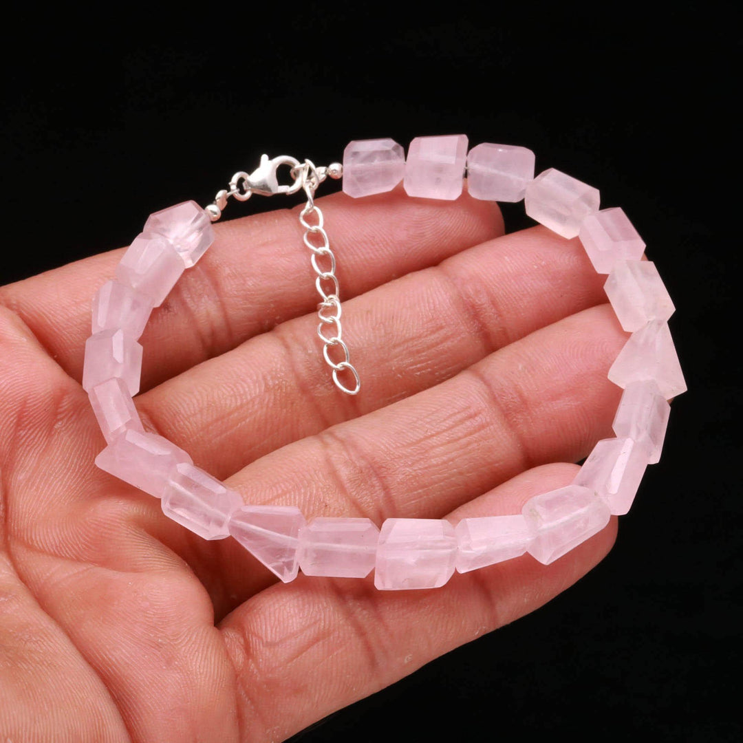 Natural Rose Quartz Faceted Tumble Beads Bracelet, Pink Quartz Nuggets Shape Beads Bracelet, Jewelry Gifts, Fancy Jewelry for Girls, 8 MM