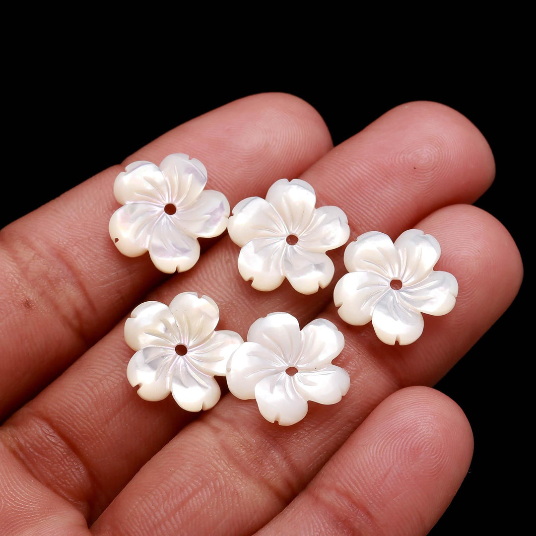 1 Pc White Pearl Flower Shape Beads, Mother of Pearl Flower for Jewelry Making, Hand Carved Floral Beads, 14 MM, Center Hole Bead