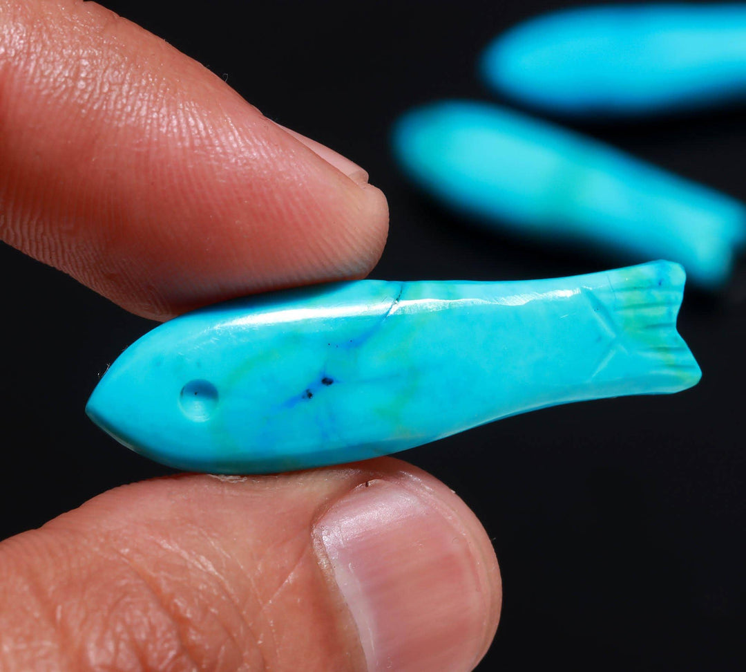 Blue Turquoise Handmade Fish Carving Beads, Blue Fish Shape Carved Gemstone, 10X35 MM, Blue Fish Charm For Jewelry, Crystal Fishes
