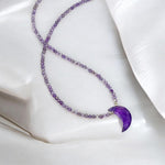 Load image into Gallery viewer, Natural Amethyst Beaded Necklace, Hand Carved Moon Charm Necklace, Cresent Moon Healing Power Necklace, Gift for Her, February Birthstone