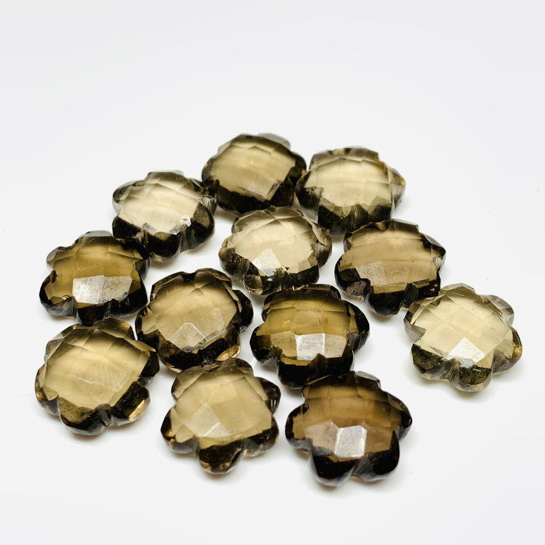 2,3,4,5 Pcs Natural Smokey Quartz Hand Carved Flower Shape, Carved Flower Shape Gemstone For Jewellery, Flower Shape Gemstone, 10 mm