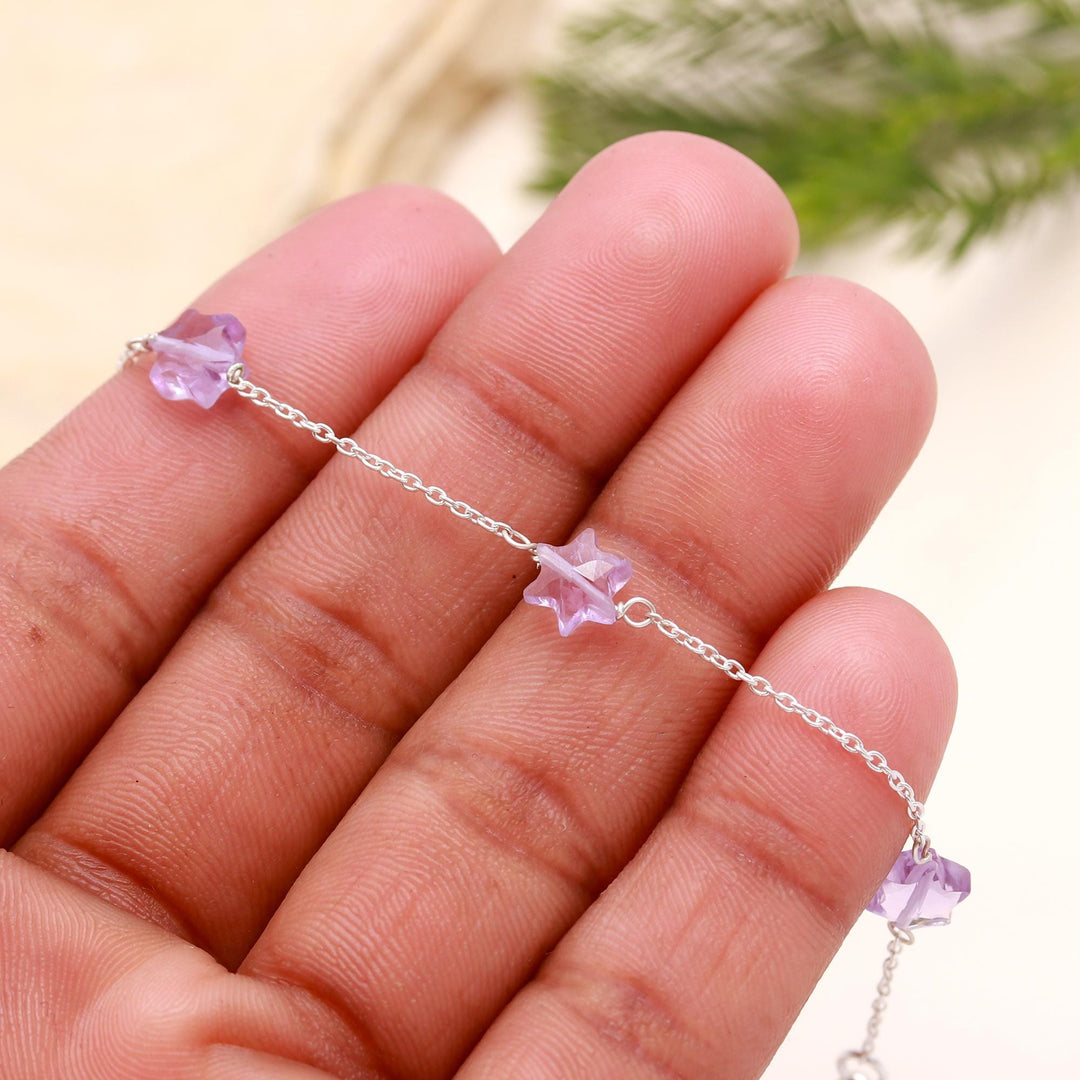 Natural Amethyst Star Beads Bracelet, February Birthstone, Amethyst Healing Star Beads Jewelry, 925 Silver Bracelet Fancy Bracelet for Girls