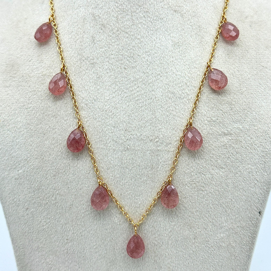 Amazing Pink Strawberry Pear Shape Beads Necklace, Faceted Drop Chain Necklace, Natural Gemstone Chain Jewelry, Necklace For Women's