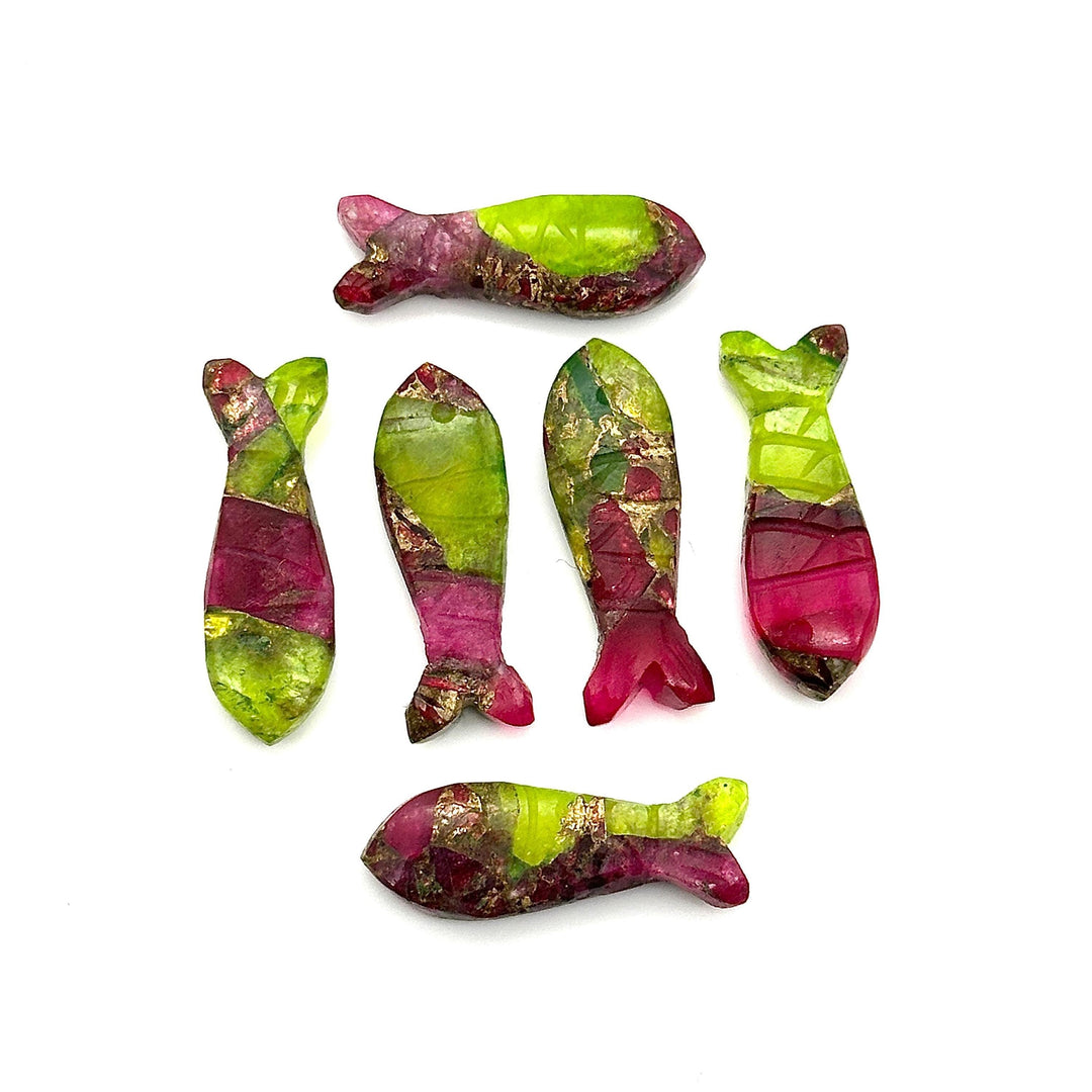 Carved Copper Turquoise Fish Charm: Neon Green & Hot Pink Briolette (25mm