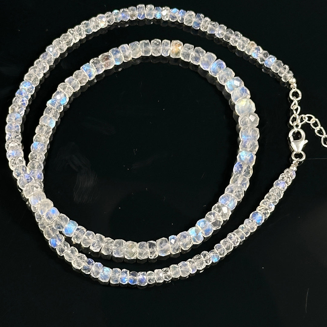 High Quality Rainbow Moonstone Beaded Necklace, Flashy Faceted Rondelle Beads Necklace, 4-6 MM Blue Fire Rainbow Gemstone Silver Necklace
