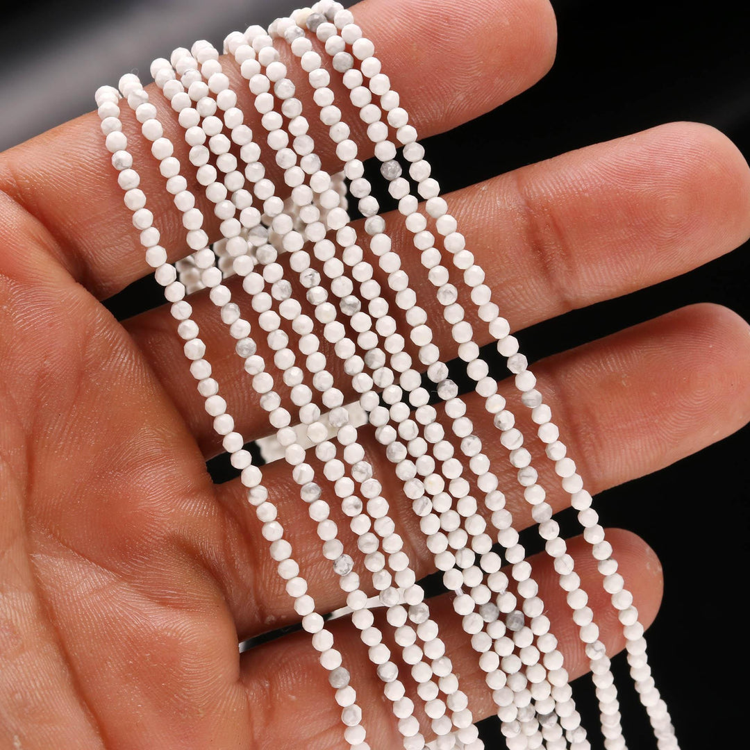 White Howlite Round Beads, Howlite Faceted Micro Beads, 2 MM Beads for Jewelry Making, 13 Inches, Wholesale Faceted Beads