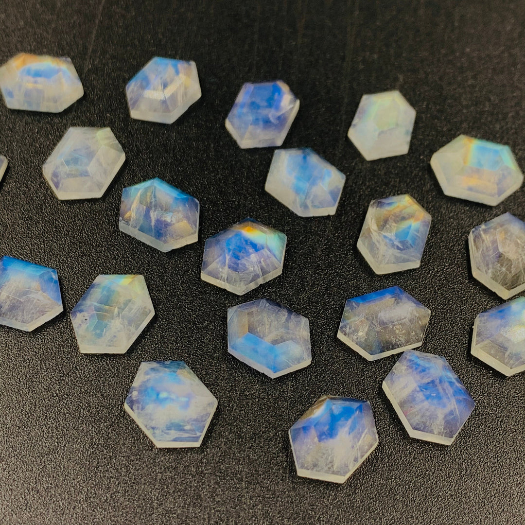 AAA Quality 100% Natural Flashy Blue Rainbow Moonstone Hexagon Shape, Loose Gemstone, rainbow moonstone Gemstone For Jewellery 10X7 mm