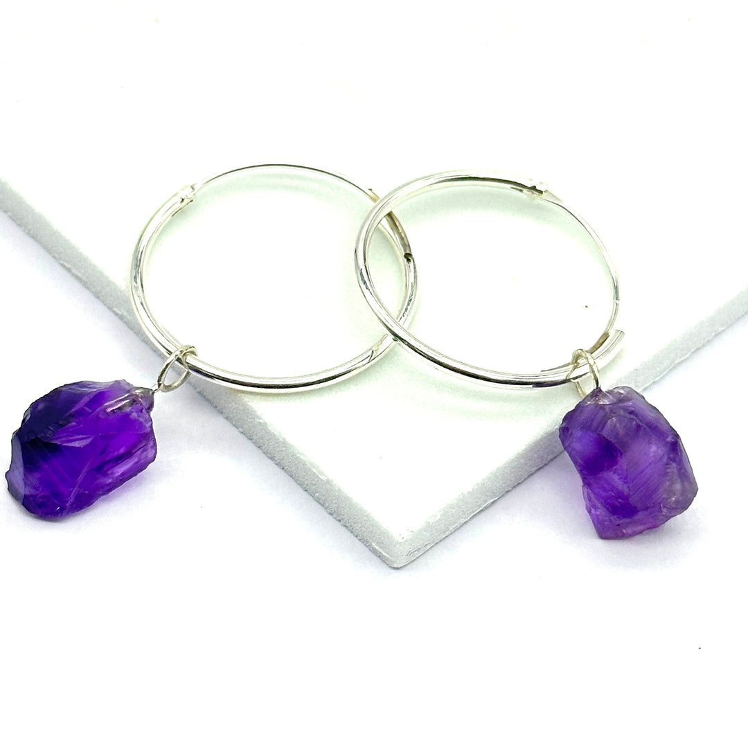 Raw Amethyst Hoop Earrings: Handmade Brass February Birthstone