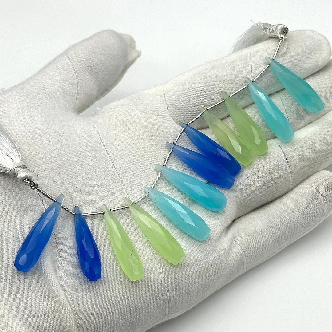 Matched Pairs - Blue, Green & Aqua Chalcedony Long Drop Shape Briolette's, Faceted Teardrop Beads, 7X30 mm Drops Beads For Earring Making