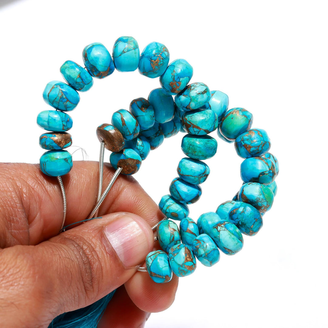 AAA Copper Turquoise Smooth Beads, Blue Copper Turquoise Smooth Rondelle Beads, 8 - 9 MM Healing Turquoise Beads for Jewelry, Loose Beads