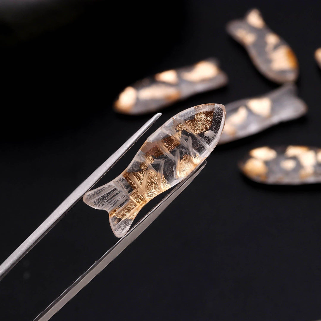 Hand Carved Crystal Doublet Fish Carving Beads, Golden Shine Crystal Doublet Fish Gemstone, 30 MM