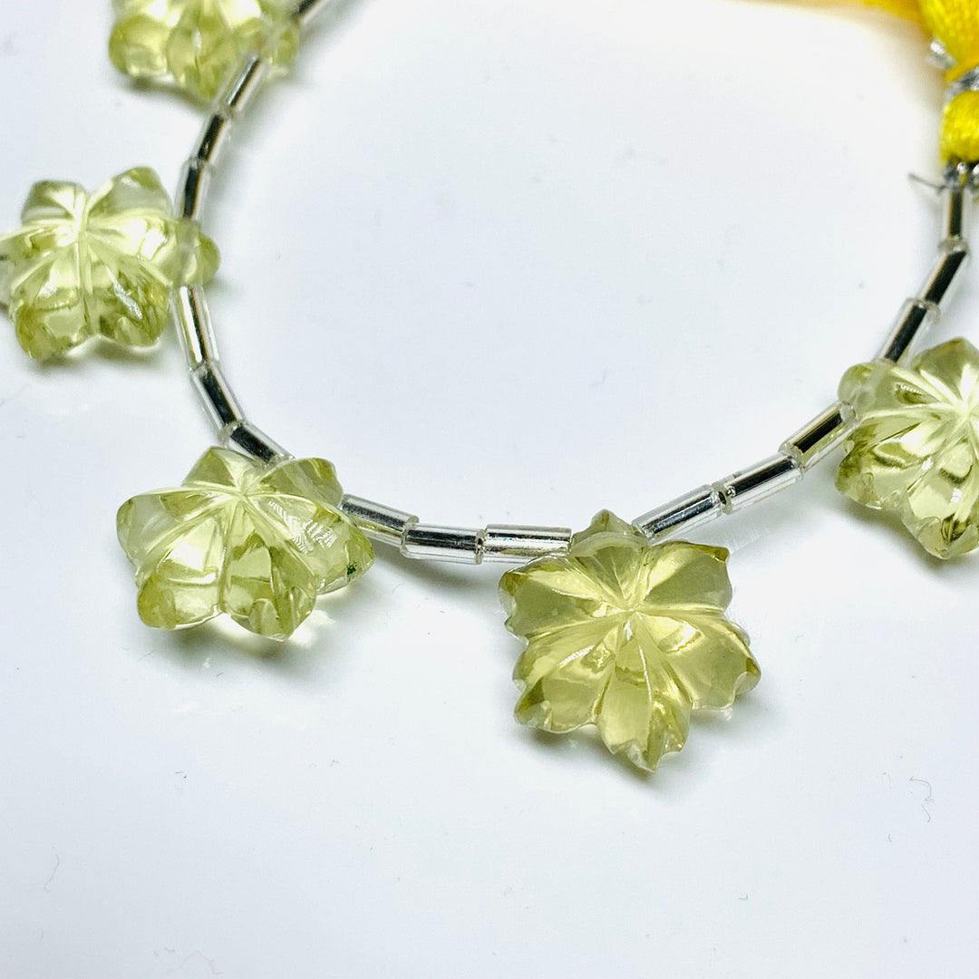 Hand Carved Lemon Quartz Flower Beads: 12mm Gemstone Briolettes