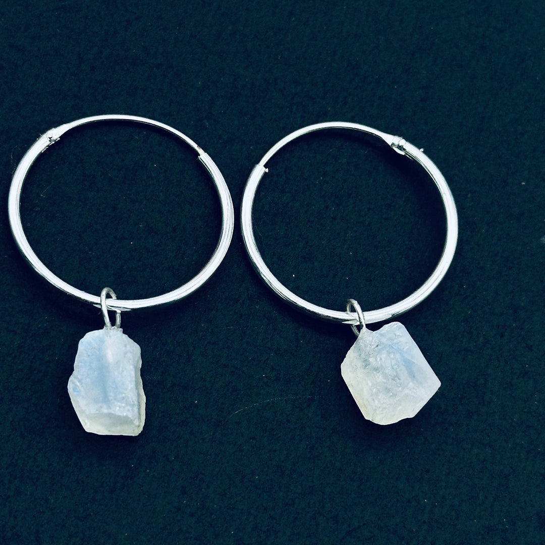 Flashy Rainbow Moonstone Hoop Earings, Natural Rough Rainbow Moonstone Earrings, Raw Gemstone Earrings, Large Hoop Earrings For Gift