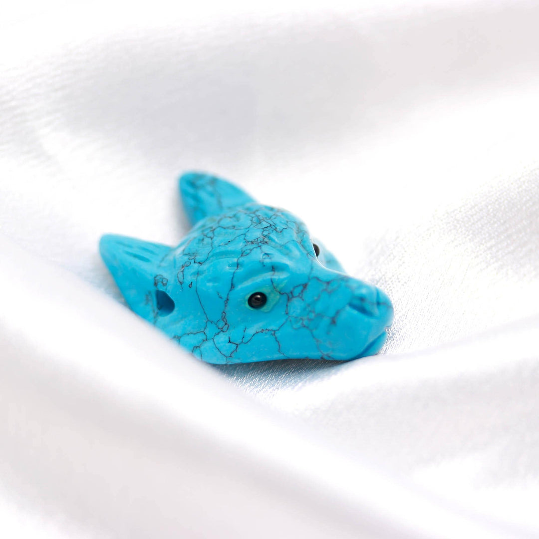 Hand Carved Howlite Turquoise Fox Head, Reiki Healing Crystal Gifts, Jewelry Making Gemstones Side Drill from Ear