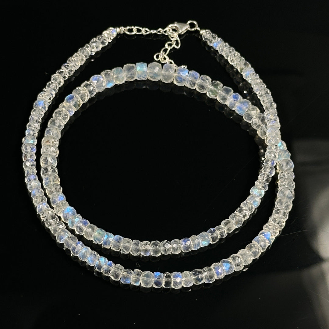 High Quality Rainbow Moonstone Beaded Necklace, Flashy Faceted Rondelle Beads Necklace, 4-6 MM Blue Fire Rainbow Gemstone Silver Necklace