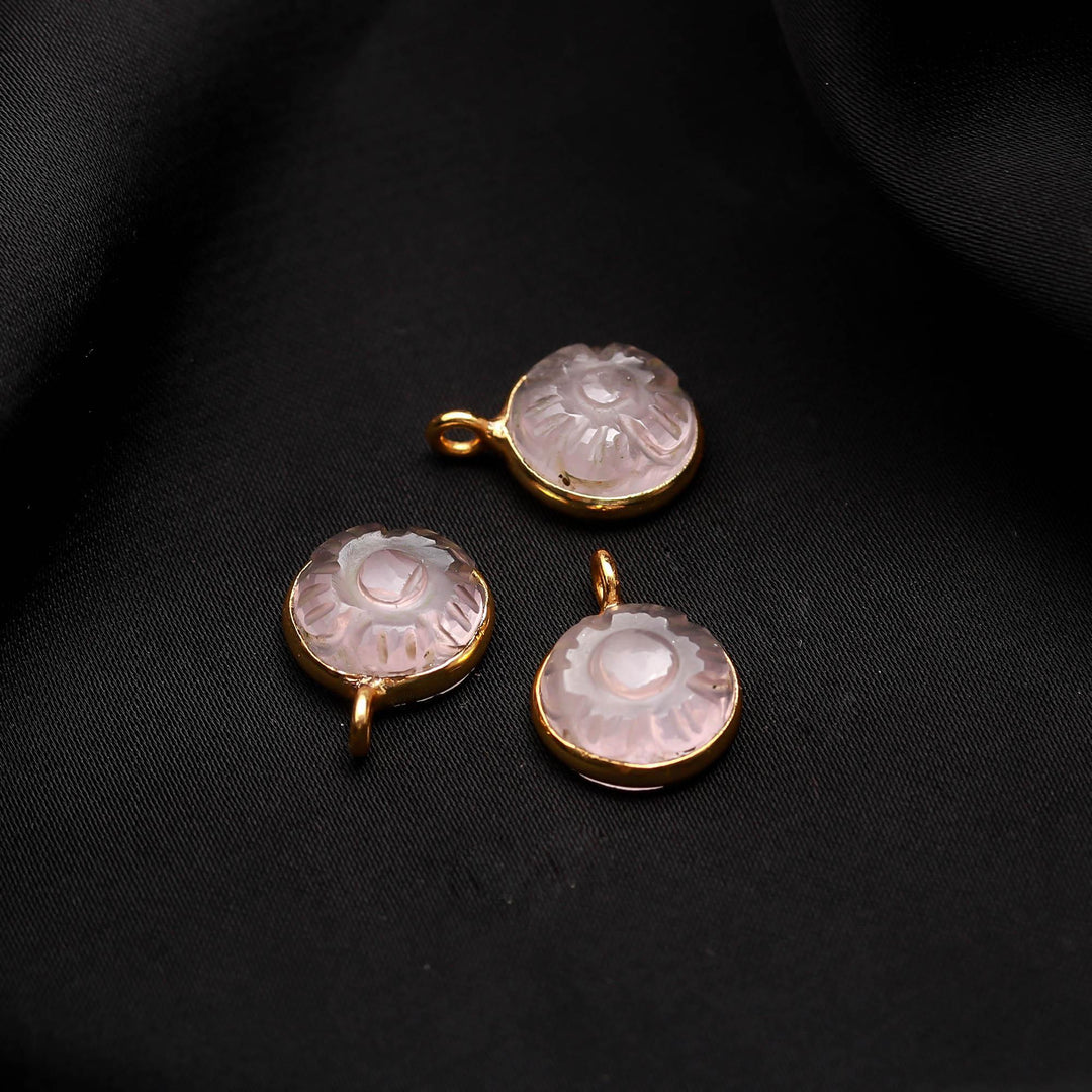 Natural Rose Quartz Flower Pendant Round shape 16mm , 925 Sterling Silver Gold Plated charms for Jewelry