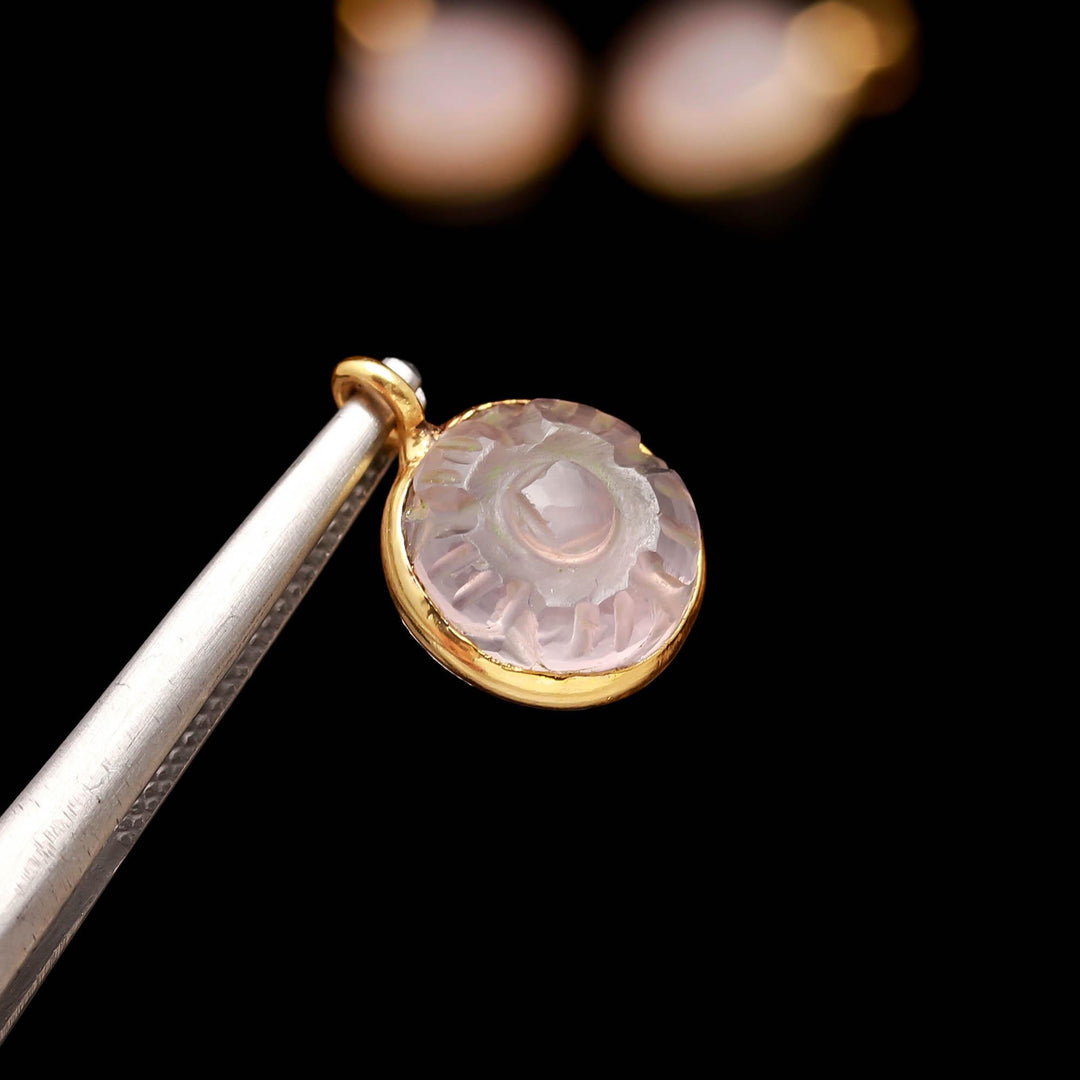 Natural Rose Quartz Flower Pendant Round shape 16mm , 925 Sterling Silver Gold Plated charms for Jewelry