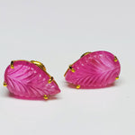 Load image into Gallery viewer, Ruby glass field leaf Shape Carved Gemstone 18 ct gold earrings With Gemstone, Gold Earrings 16 mm