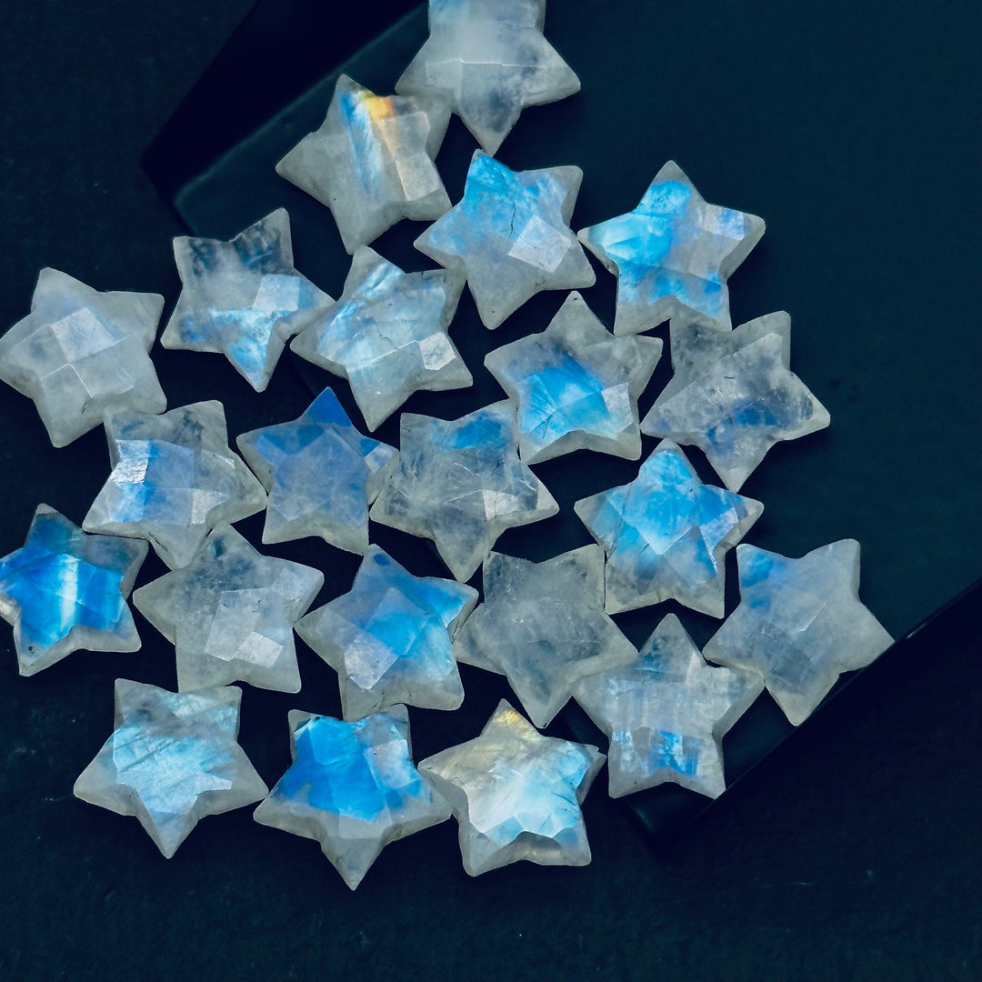 Natural Rainbow Moonstone Star Beads, Blue Flashy Carved Star Shape Briolette's, 10 MM Faceted Star Shape Charms, Loose Star Beads Crystal