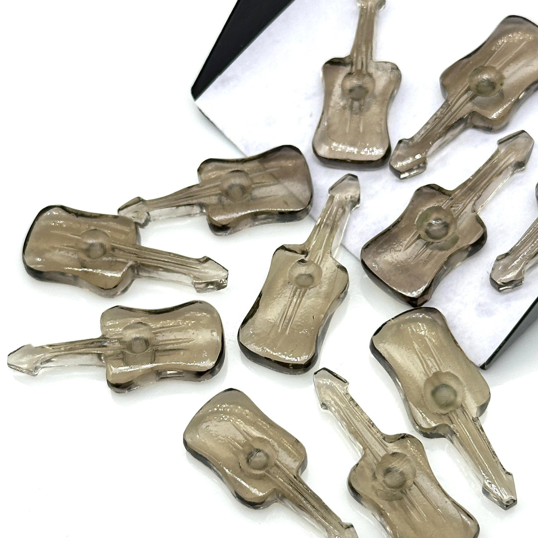 Little Guitar Shape Carving Beads, Natural Smokey Quartz Guitar Shape Hand Carved Gemstone, 26 MM, Miniature Guitar Gemstone, Tiny Charms