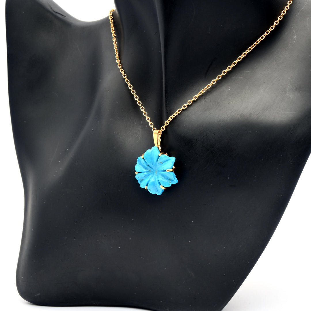 Carved Blue Turquoise Flower Pendant, AAA Turquoise Gemstone Necklace For Her, 19 mm Flower, Birthday Gift For Women, Blue Turquoise Flower
