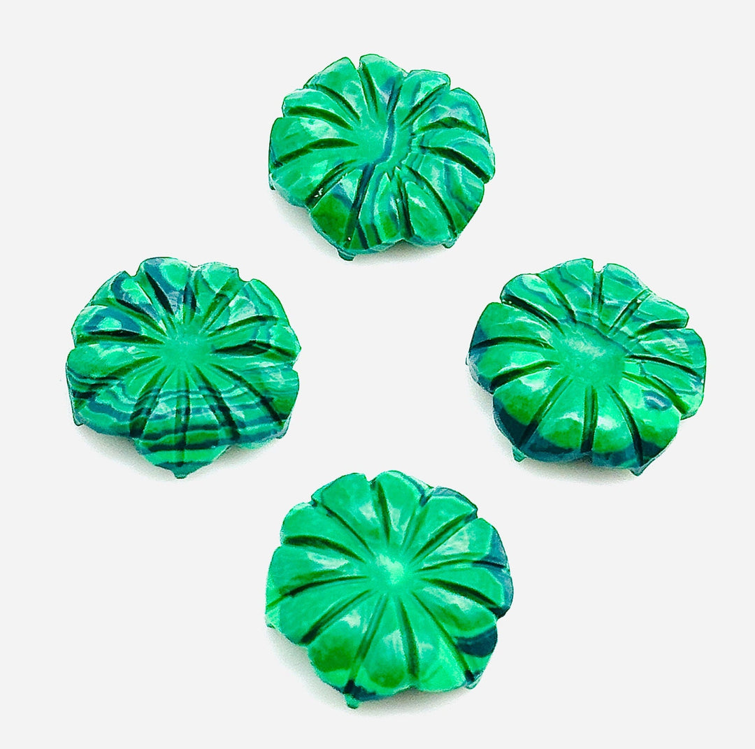 Natural Malachite Flower Shape Carved Gemstone, Green Flower Shape Carving, Carved Gemstone For Jewlery 17 mm, Craft Making Flower Charm