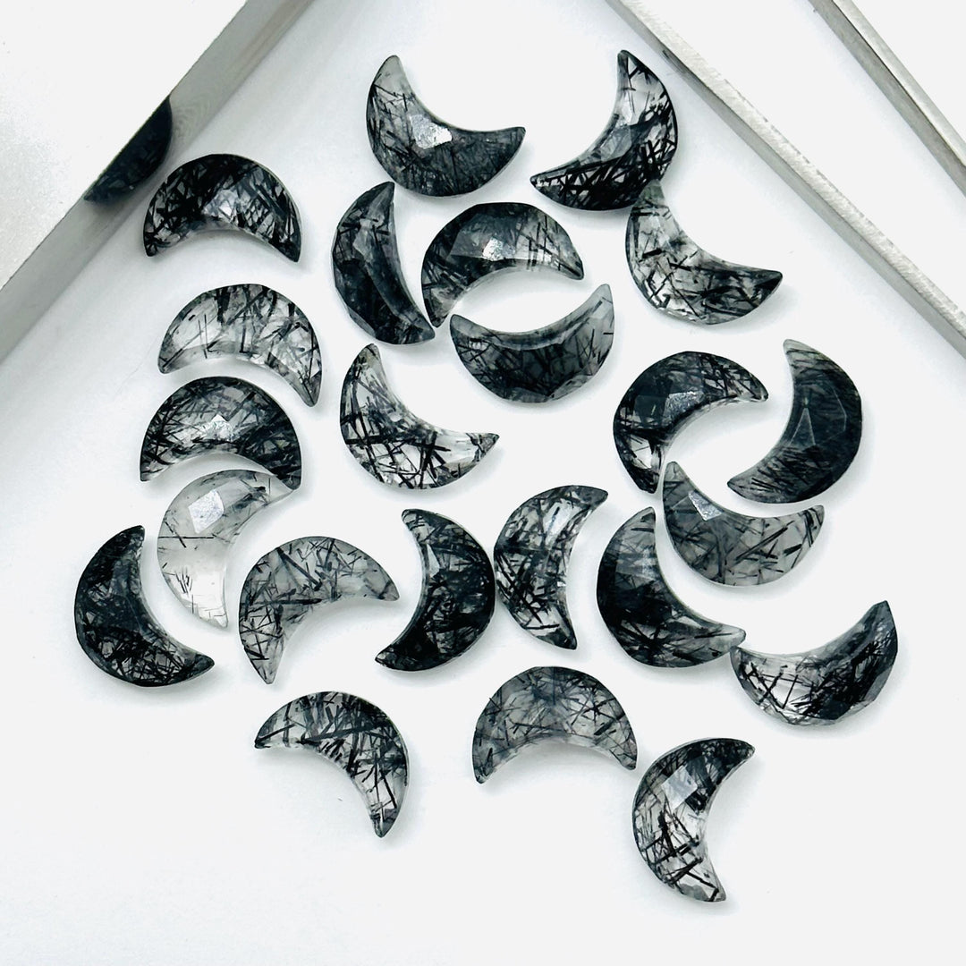 Natural Black Rutile Carved Moon Shape Beads, Hand Carved Moon Shape Gemstone Beads For Jewelry, Moon Shape Briolette's, Moon Charms 12 MM